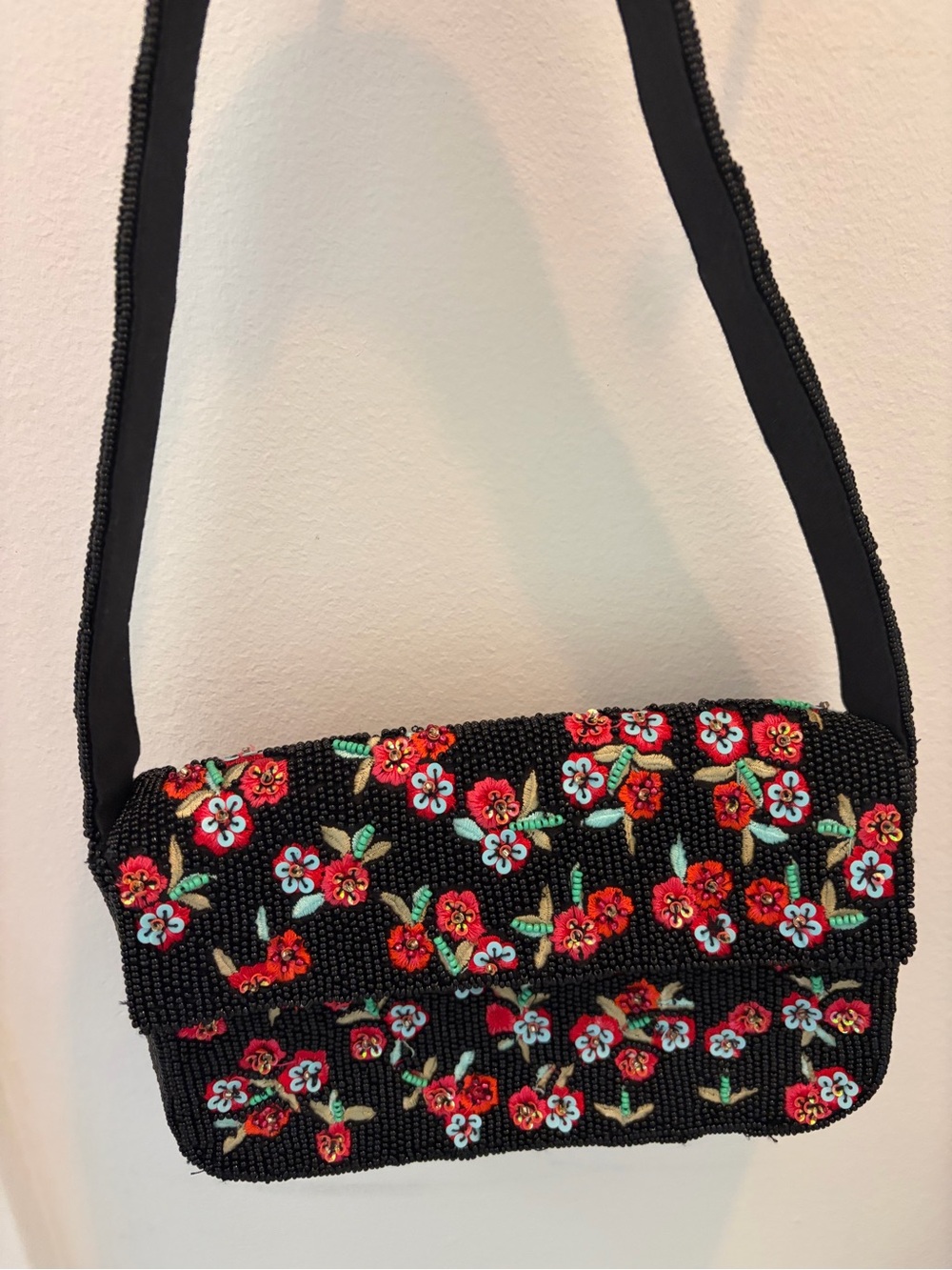 Anthropologie Black Beaded Crossbody with Red Floral Beadwork